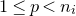 1 less than or equals p less than n Subscript i