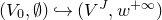 left parenthesis upper V 0 comma normal empty set right parenthesis right arrow with hook left parenthesis upper V Superscript upper J Baseline comma w Superscript plus normal infinity Baseline right parenthesis