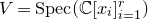 upper V equals upper S p e c left parenthesis double struck upper C left bracket x Subscript i Baseline right bracket Subscript i equals 1 Superscript r Baseline right parenthesis