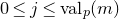 0 less than or equals j less than or equals v a l Subscript p Baseline left parenthesis m right parenthesis