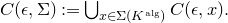 upper C left parenthesis epsilon comma normal upper Sigma right parenthesis colon equals union Underscript x element of normal upper Sigma left parenthesis upper K Superscript normal a normal l normal g Baseline right parenthesis Endscripts upper C left parenthesis epsilon comma x right parenthesis period