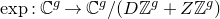 exp colon double struck upper C Superscript g Baseline right arrow double struck upper C Superscript g Baseline divided by left parenthesis upper D double struck upper Z Superscript g Baseline plus upper Z double struck upper Z Superscript g Baseline right parenthesis