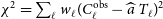 chi squared equals sigma summation Underscript script l Endscripts w Subscript script l Baseline left parenthesis upper C Subscript script l Superscript normal o normal b normal s Baseline minus ModifyingAbove a With caret upper T Subscript script l Baseline right parenthesis squared