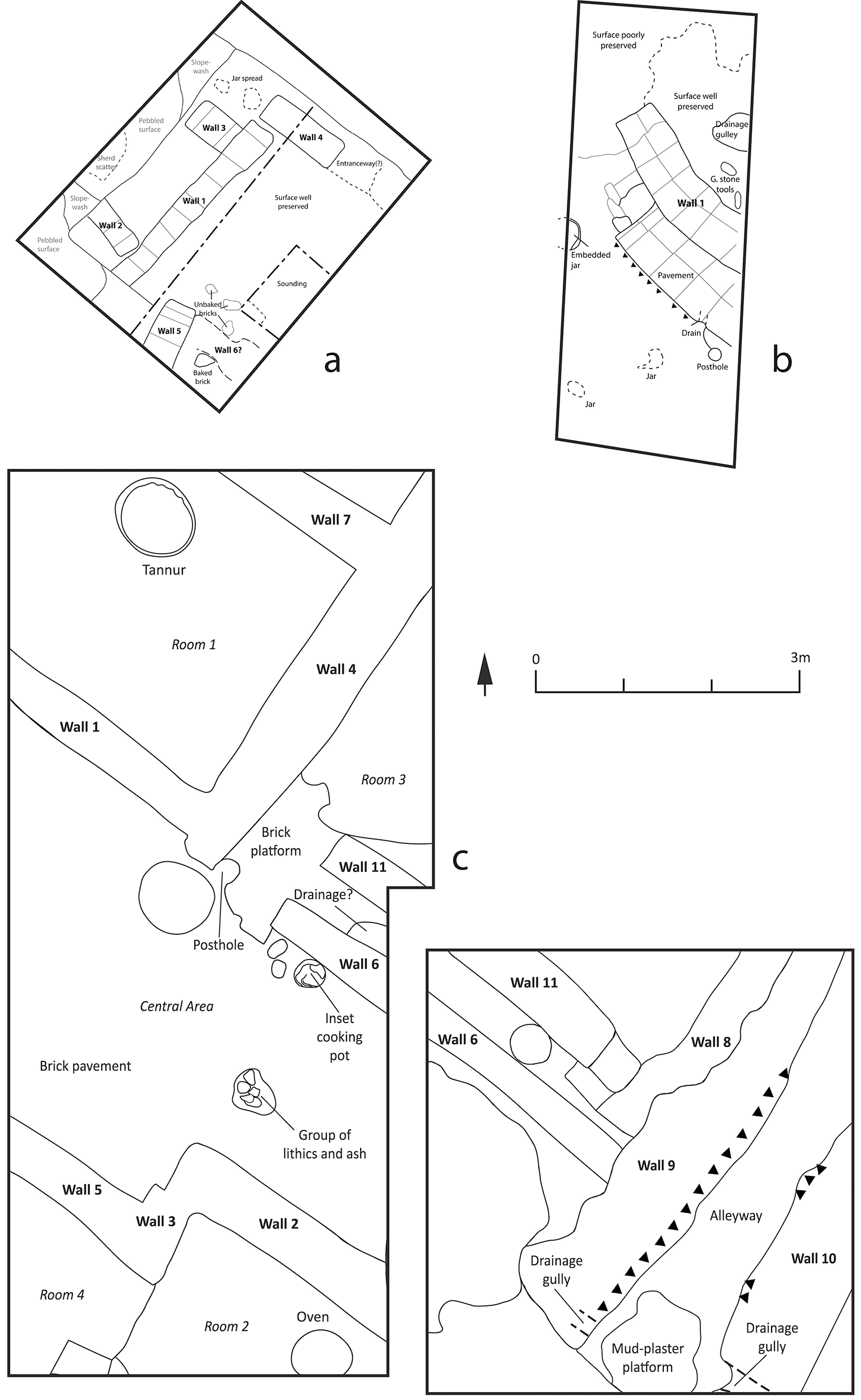 Annotated plans of excavation areas at Tepe Kalan and Kani Masi.