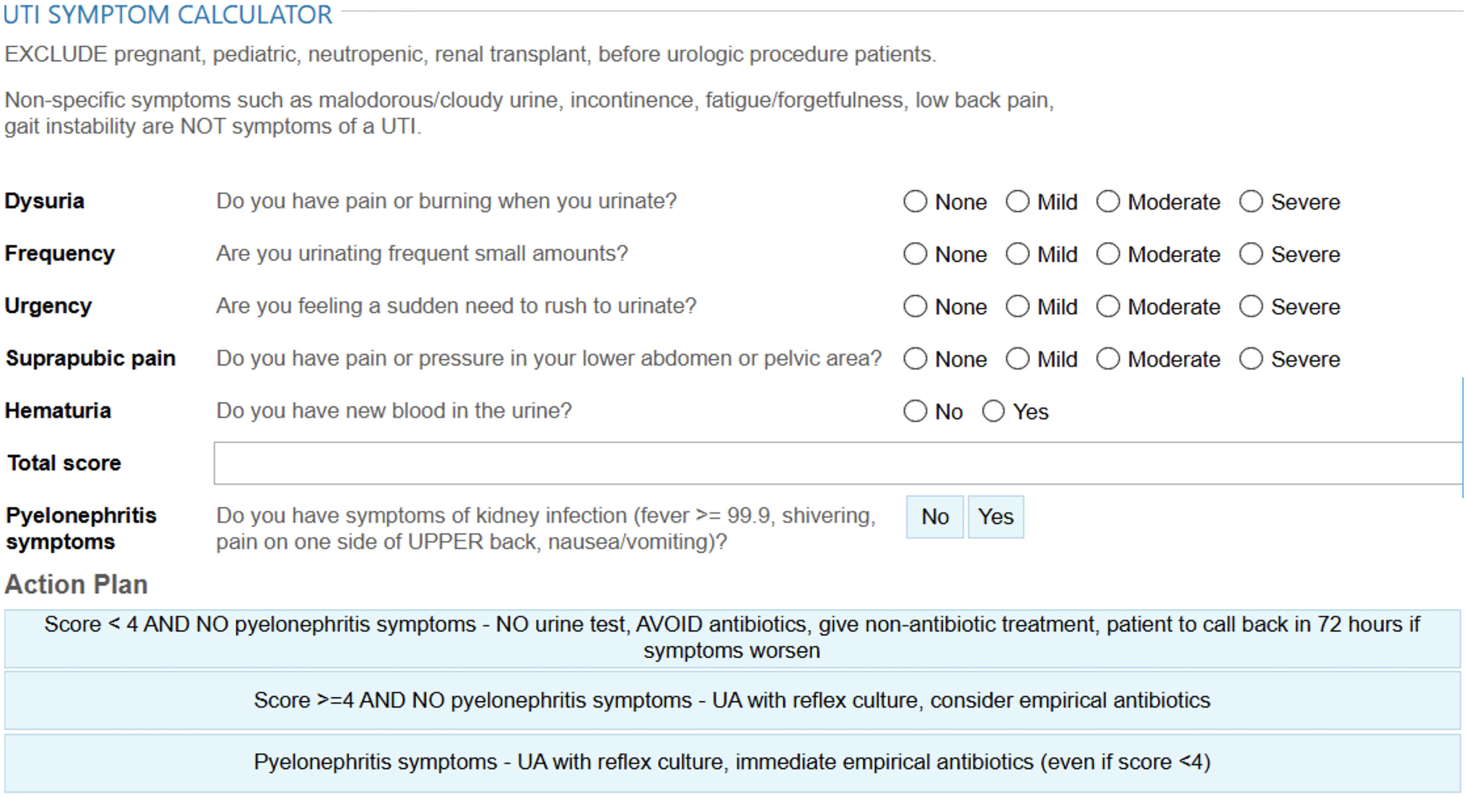 A table for assessing urinary tract infection symptoms and guiding treatment decisions.