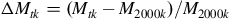 normal upper Delta upper M Subscript t k Baseline equals left parenthesis upper M Subscript t k Baseline minus upper M Subscript 2000 k Baseline right parenthesis divided by upper M Subscript 2000 k