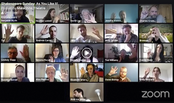 Screenshot of a Zoom video call showing multiple participants in their individual home spaces performing a reading of As You Like It. The grid layout shows actors in various domestic settings, including kitchens and living rooms.