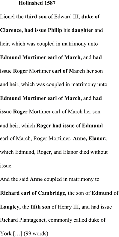 2 parallel columns. The shorter text on the left and longer text on the right both describe the descendants of Lionel, third son of Edward III. See long description.