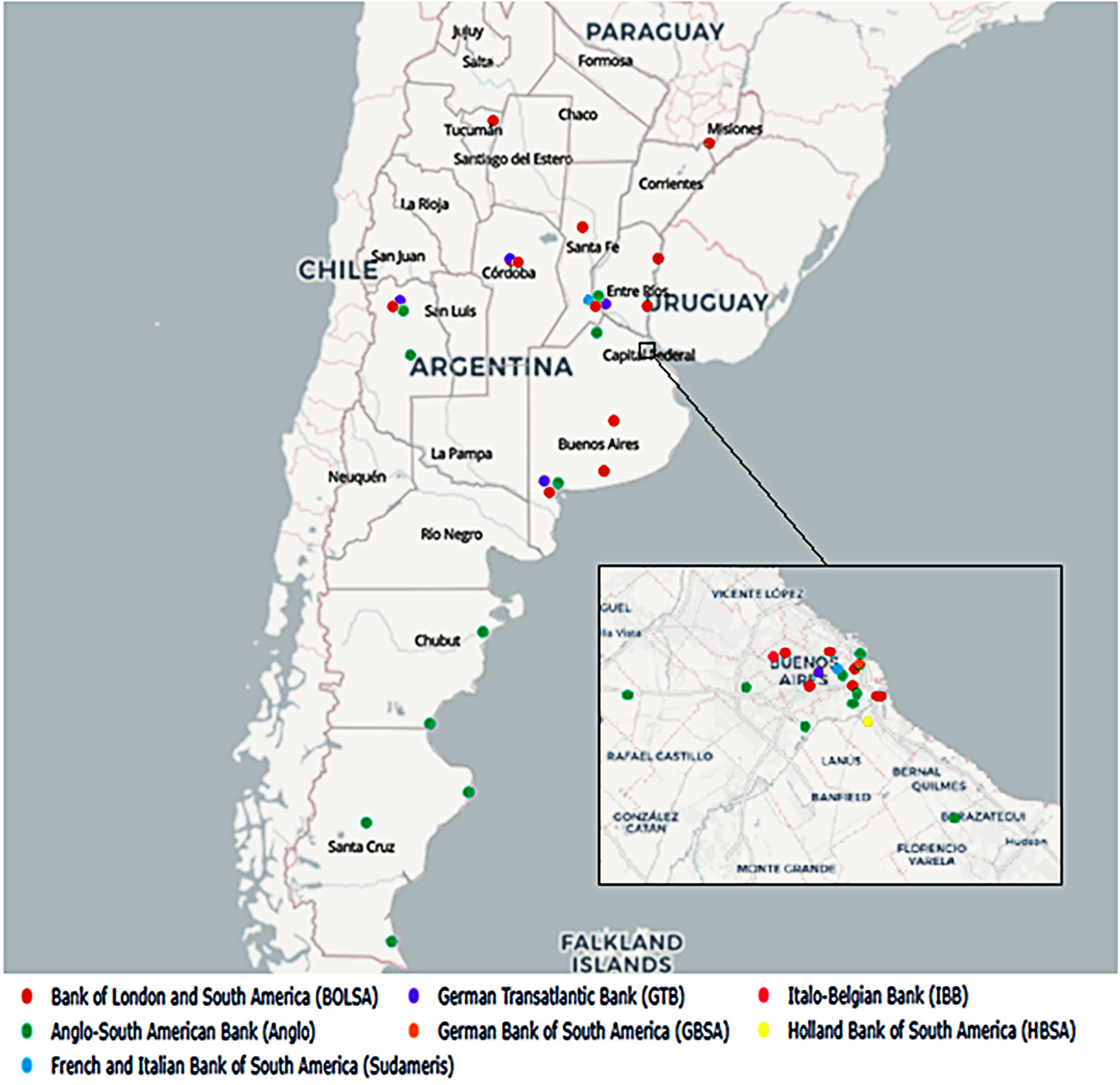 A map of Argentina showing branch locations of European banks in 1930, with an inset of Buenos Aires area. See long description.