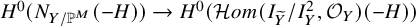 upper H Superscript 0 Baseline left parenthesis upper N Subscript upper Y divided by double struck upper P Sub Superscript upper M Subscript Baseline left parenthesis negative upper H right parenthesis right parenthesis right arrow upper H Superscript 0 Baseline left parenthesis script upper H o m left parenthesis upper I Subscript upper Y overtilde Baseline divided by upper I Subscript upper Y Superscript 2 Baseline comma script upper O Subscript upper Y Baseline right parenthesis left parenthesis negative upper H right parenthesis right parenthesis