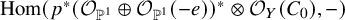 hom left parenthesis p Superscript asterisk Baseline left parenthesis script upper O Subscript double struck upper P Sub Superscript 1 Subscript Baseline circled plus script upper O Subscript double struck upper P Sub Superscript 1 Subscript Baseline left parenthesis negative e right parenthesis right parenthesis Superscript asterisk Baseline circled times script upper O Subscript upper Y Baseline left parenthesis upper C 0 right parenthesis comma minus right parenthesis