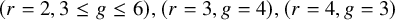 left parenthesis r equals 2 comma 3 less than or equals g less than or equals 6 right parenthesis comma left parenthesis r equals 3 comma g equals 4 right parenthesis comma left parenthesis r equals 4 comma g equals 3 right parenthesis