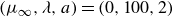 left parenthesis mu Subscript normal infinity Baseline comma lamda comma a right parenthesis equals left parenthesis 0 comma 100 comma 2 right parenthesis
