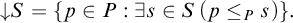 StartLayout 1st Row down arrow upper S equals StartSet p element of upper P colon there exists s element of upper S left parenthesis p less than or equals Subscript upper P Baseline s right parenthesis EndSet period EndLayout