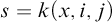 s equals k left parenthesis x comma i comma j right parenthesis
