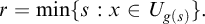 r equals min left brace s colon x element of upper U Subscript g left parenthesis s right parenthesis Baseline right brace period