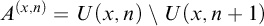 upper A Superscript left parenthesis x comma n right parenthesis Baseline equals upper U left parenthesis x comma n right parenthesis minus upper U left parenthesis x comma n plus 1 right parenthesis