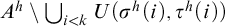 upper A Superscript h Baseline minus union Underscript i less than k Endscripts upper U left parenthesis sigma Superscript h Baseline left parenthesis i right parenthesis comma tau Superscript h Baseline left parenthesis i right parenthesis right parenthesis