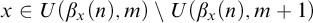 x element of upper U left parenthesis beta Subscript x Baseline left parenthesis n right parenthesis comma m right parenthesis minus upper U left parenthesis beta Subscript x Baseline left parenthesis n right parenthesis comma m plus 1 right parenthesis
