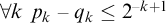 for all k p Subscript k Baseline minus q Subscript k Baseline less than or equals 2 Superscript negative k plus 1