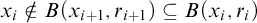 x Subscript i Baseline not an element of upper B left parenthesis x Subscript i plus 1 Baseline comma r Subscript i plus 1 Baseline right parenthesis subset of or equal to upper B left parenthesis x Subscript i Baseline comma r Subscript i Baseline right parenthesis