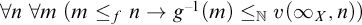 for all n for all m left parenthesis m less than or equals Subscript f Baseline n right arrow g Superscript negative 1 Baseline left parenthesis m right parenthesis less than or equals Subscript double struck upper N Baseline v left parenthesis infinity Subscript upper X Baseline comma n right parenthesis right parenthesis