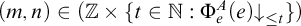 left parenthesis m comma n right parenthesis element of left parenthesis double struck upper Z times StartSet t element of double struck upper N colon normal upper Phi Subscript e Superscript upper A Baseline left parenthesis e right parenthesis down arrow Subscript less than or equals t Baseline EndSet right parenthesis