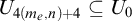 upper U Subscript 4 left parenthesis m Sub Subscript e Subscript comma n right parenthesis plus 4 Baseline subset of or equal to upper U 0