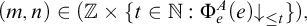 left parenthesis m comma n right parenthesis element of left parenthesis double struck upper Z times StartSet t element of double struck upper N colon normal upper Phi Subscript e Superscript upper A Baseline left parenthesis e right parenthesis down arrow Subscript less than or equals t Baseline EndSet right parenthesis comma