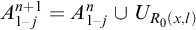 upper A Subscript 1 minus j Superscript n plus 1 Baseline equals upper A Subscript 1 minus j Superscript n Baseline union upper U Subscript upper R 0 left parenthesis x comma l right parenthesis