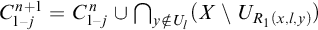 upper C Subscript 1 minus j Superscript n plus 1 Baseline equals upper C Subscript 1 minus j Superscript n Baseline union intersection Underscript y not an element of upper U Subscript l Baseline Endscripts left parenthesis upper X minus upper U Subscript upper R 1 left parenthesis x comma l comma y right parenthesis Baseline right parenthesis