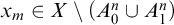 x Subscript m Baseline element of upper X minus left parenthesis upper A 0 Superscript n Baseline union upper A 1 Superscript n Baseline right parenthesis