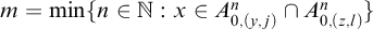 m equals min left brace n element of double struck upper N colon x element of upper A Subscript 0 comma left parenthesis y comma j right parenthesis Superscript n Baseline intersection upper A Subscript 0 comma left parenthesis z comma l right parenthesis Superscript n Baseline right brace