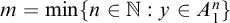 m equals min left brace n element of double struck upper N colon y element of upper A 1 Superscript n Baseline right brace