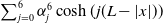 sigma summation Underscript j equals 0 Overscript 6 Endscripts alpha Subscript j Superscript 6 Baseline hyperbolic cosine left parenthesis j left parenthesis upper L minus StartAbsoluteValue x EndAbsoluteValue right parenthesis right parenthesis