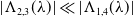 StartAbsoluteValue normal upper Lamda Subscript 2 comma 3 Baseline left parenthesis lamda right parenthesis EndAbsoluteValue much less than StartAbsoluteValue normal upper Lamda Subscript 1 comma 4 Baseline left parenthesis lamda right parenthesis EndAbsoluteValue