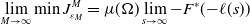 limit Underscript upper M right arrow normal infinity Endscripts min upper J Subscript epsilon Sub Subscript upper M Superscript upper M Baseline equals mu left parenthesis normal upper Omega right parenthesis limit Underscript s right arrow normal infinity Endscripts minus upper F Superscript asterisk Baseline left parenthesis minus script l left parenthesis s right parenthesis right parenthesis