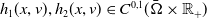 h 1 left parenthesis x comma v right parenthesis comma h 2 left parenthesis x comma v right parenthesis element of upper C Superscript 0 comma 1 Baseline left parenthesis normal upper Omega overbar times double struck upper R Subscript plus Baseline right parenthesis