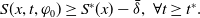 upper S left parenthesis x comma t comma phi 0 right parenthesis greater than or equals upper S Superscript asterisk Baseline left parenthesis x right parenthesis minus delta overbar comma for all t greater than or equals t Superscript asterisk Baseline period