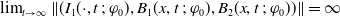limit Underscript t right arrow normal infinity Endscripts StartMetric left parenthesis upper I 1 left parenthesis dot comma t semicolon phi 0 right parenthesis comma upper B 1 left parenthesis x comma t semicolon phi 0 right parenthesis comma upper B 2 left parenthesis x comma t semicolon phi 0 right parenthesis right parenthesis EndMetric equals normal infinity