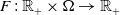 upper F colon double struck upper R Subscript plus Baseline times normal upper Omega right arrow double struck upper R Subscript plus Baseline