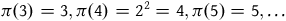 pi left parenthesis 3 right parenthesis equals 3 comma pi left parenthesis 4 right parenthesis equals 2 squared equals 4 comma pi left parenthesis 5 right parenthesis equals 5 comma ellipsis