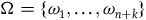 normal upper Omega equals StartSet omega 1 comma ellipsis comma omega Subscript n plus k Baseline EndSet