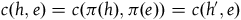 c left parenthesis h comma e right parenthesis equals c left parenthesis pi left parenthesis h right parenthesis comma pi left parenthesis e right parenthesis right parenthesis equals c left parenthesis h prime comma e right parenthesis