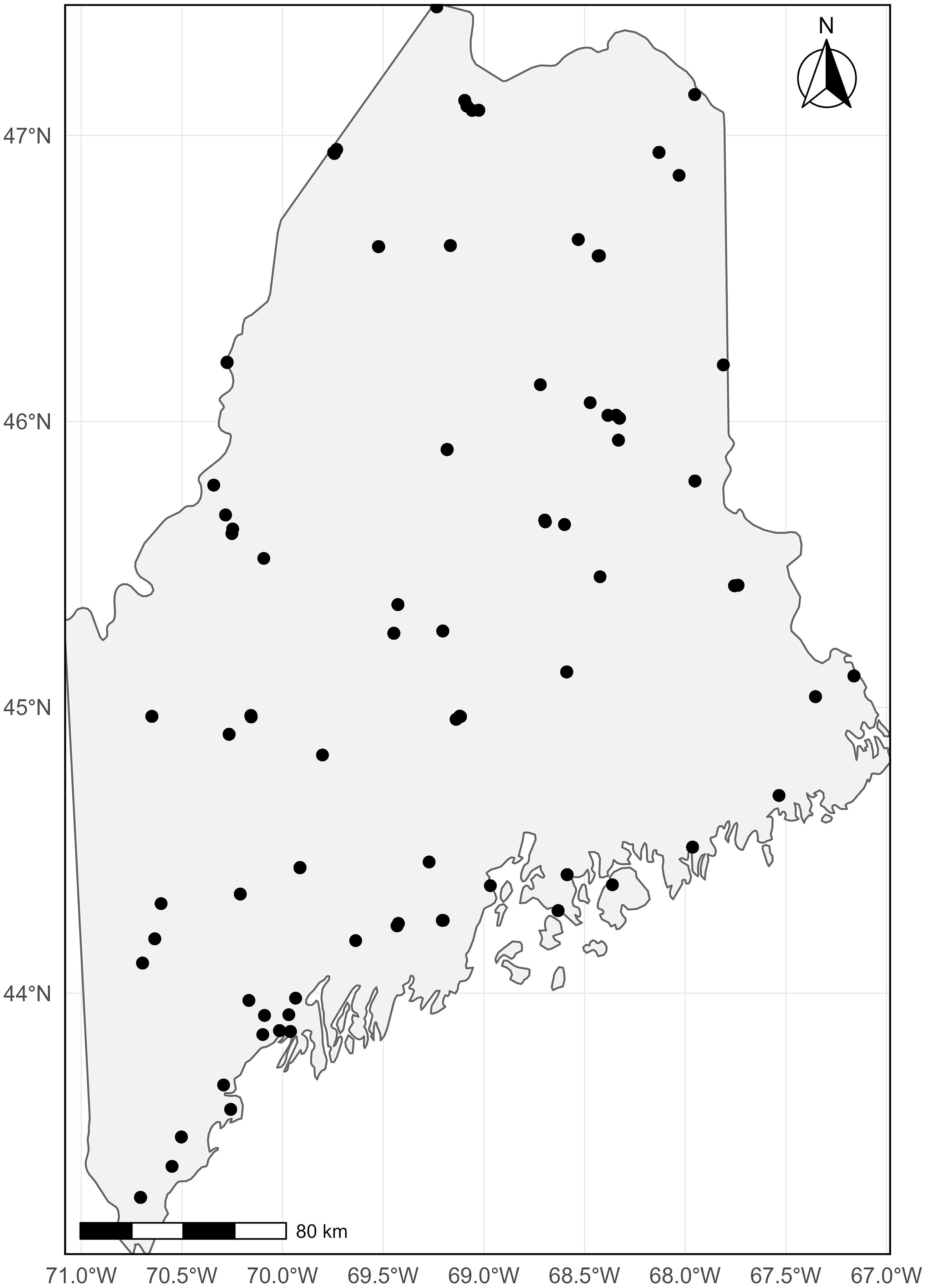 A map of spruce budworm moth light trap locations across Maine, United States of America, from 1968 to 2024.