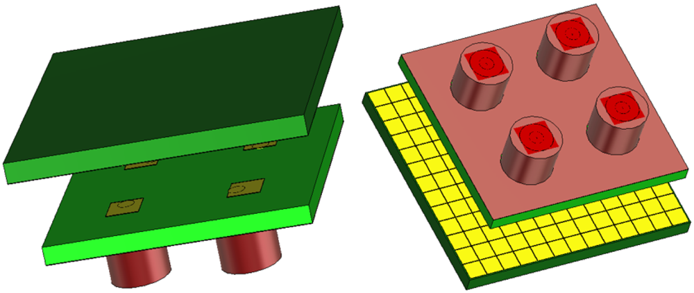 Two 3D models of electronic components with layered structures and cylindrical connectors.
