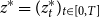 z Superscript asterisk Baseline equals left parenthesis z Subscript t Superscript asterisk Baseline right parenthesis Subscript t element of left bracket 0 comma upper T right bracket