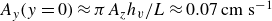 upper A Subscript y Baseline left parenthesis y equals 0 right parenthesis almost equals pi upper A Subscript z Baseline h Subscript v Baseline divided by upper L almost equals 0.07 cm s Superscript negative 1