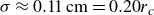 sigma almost equals 0.11 cm equals 0.20 r Subscript c Baseline