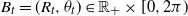 upper B Subscript t Baseline equals left parenthesis upper R Subscript t Baseline comma theta Subscript t Baseline right parenthesis element of double struck upper R Subscript plus Baseline times left bracket 0 comma 2 pi right parenthesis